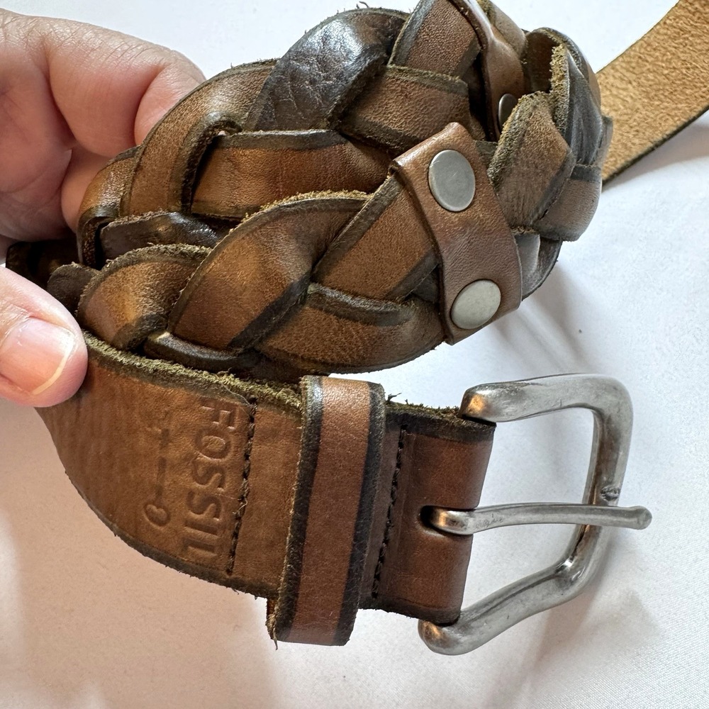 Fossil Mens Vtg Brown Genuine Braided Leather Belt Size XL Fits Approx 38" - 42"